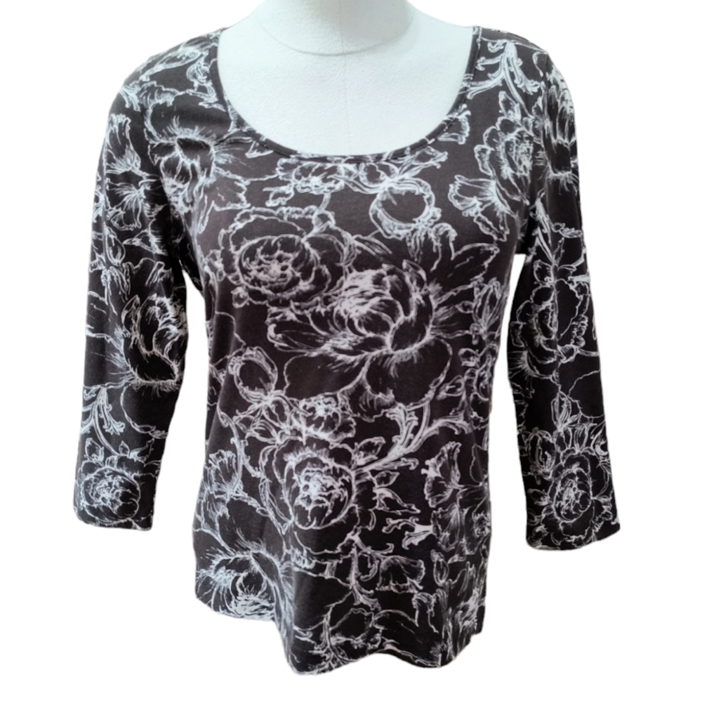 Talbot's Petites Brown Floral Print 3/4 Sleeve Top Size SP